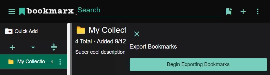 A screenshot of the Export Bookmarks menu open and showing to click the Begin Exporting Bookmarks button