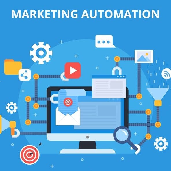 Illustration of marketing automation featuring a desktop computer with interconnected icons representing email, video, analytics, and data processing tools.