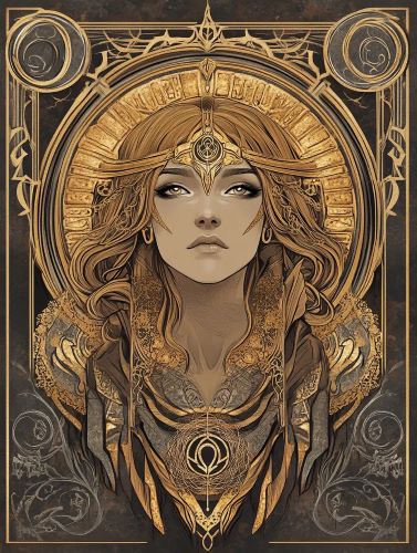 A Mucha style, beautifully war goddess, adorned with traditional golden symbols and runes, detailed engraving style, elegant and mystical, aesthetic symmetrical design.