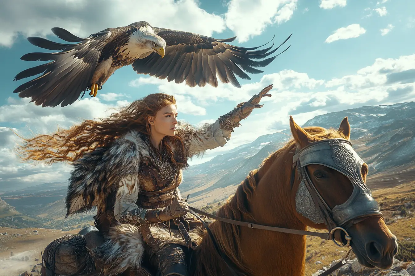 Tilt angle view, Linear perspective, dynamic poses, a beautiful female soldier, wears animal skin and fur, riding a horse, raised arm, a majestic eagle is landing on her arm, background of an open valley