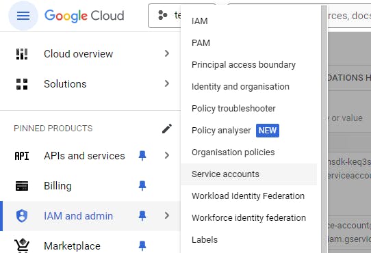 Google Cloud Console - service account
