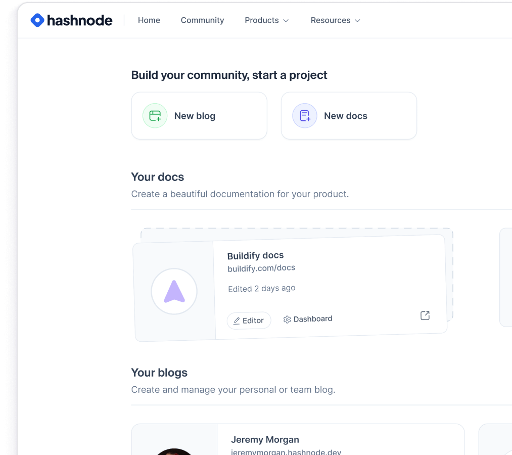 Hashnode blog and docs stacked UI abstraction illustrations