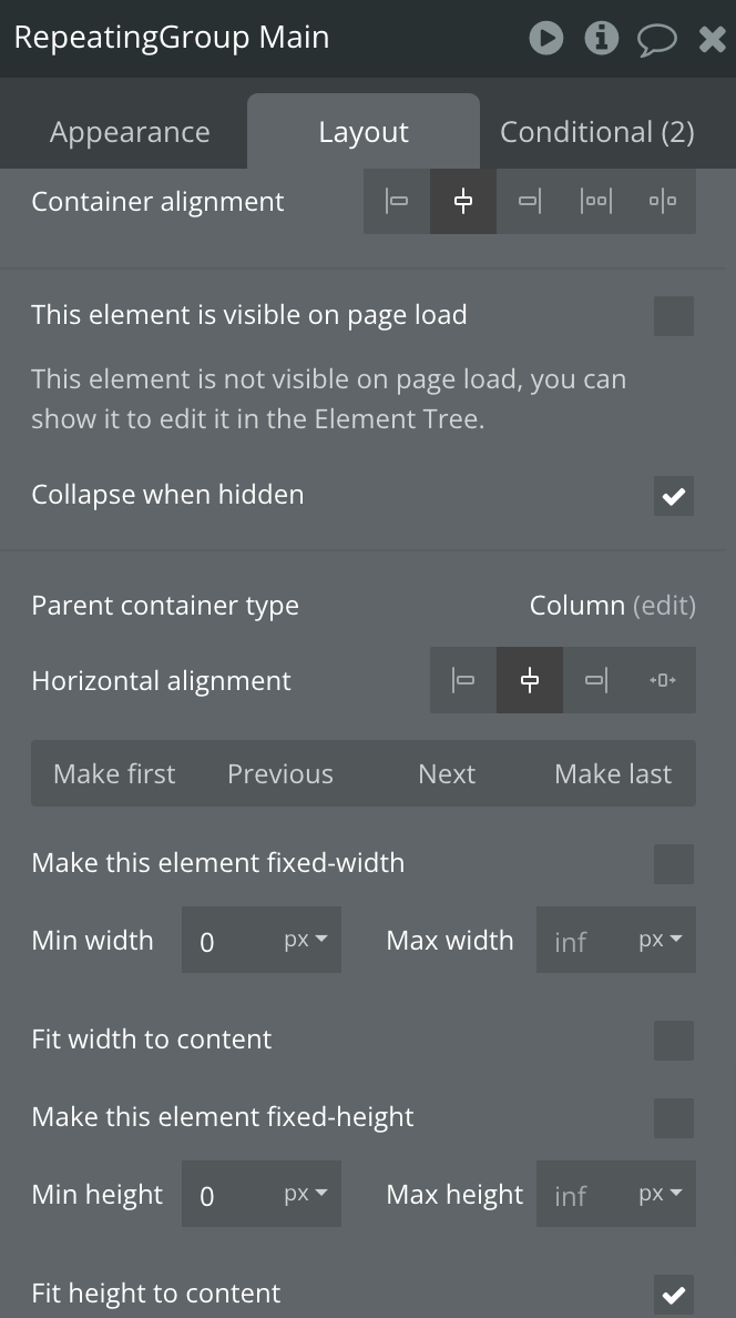 Repeating Group Main layout Setup