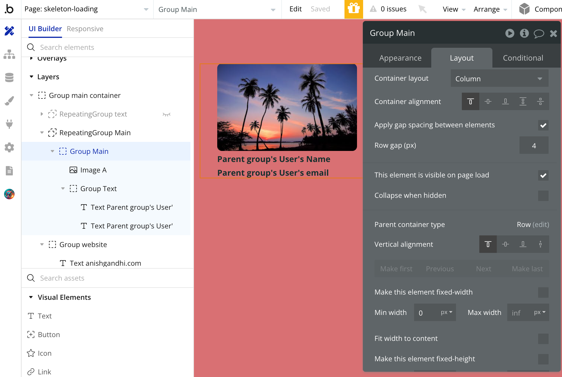 Group inside output repeating group setup