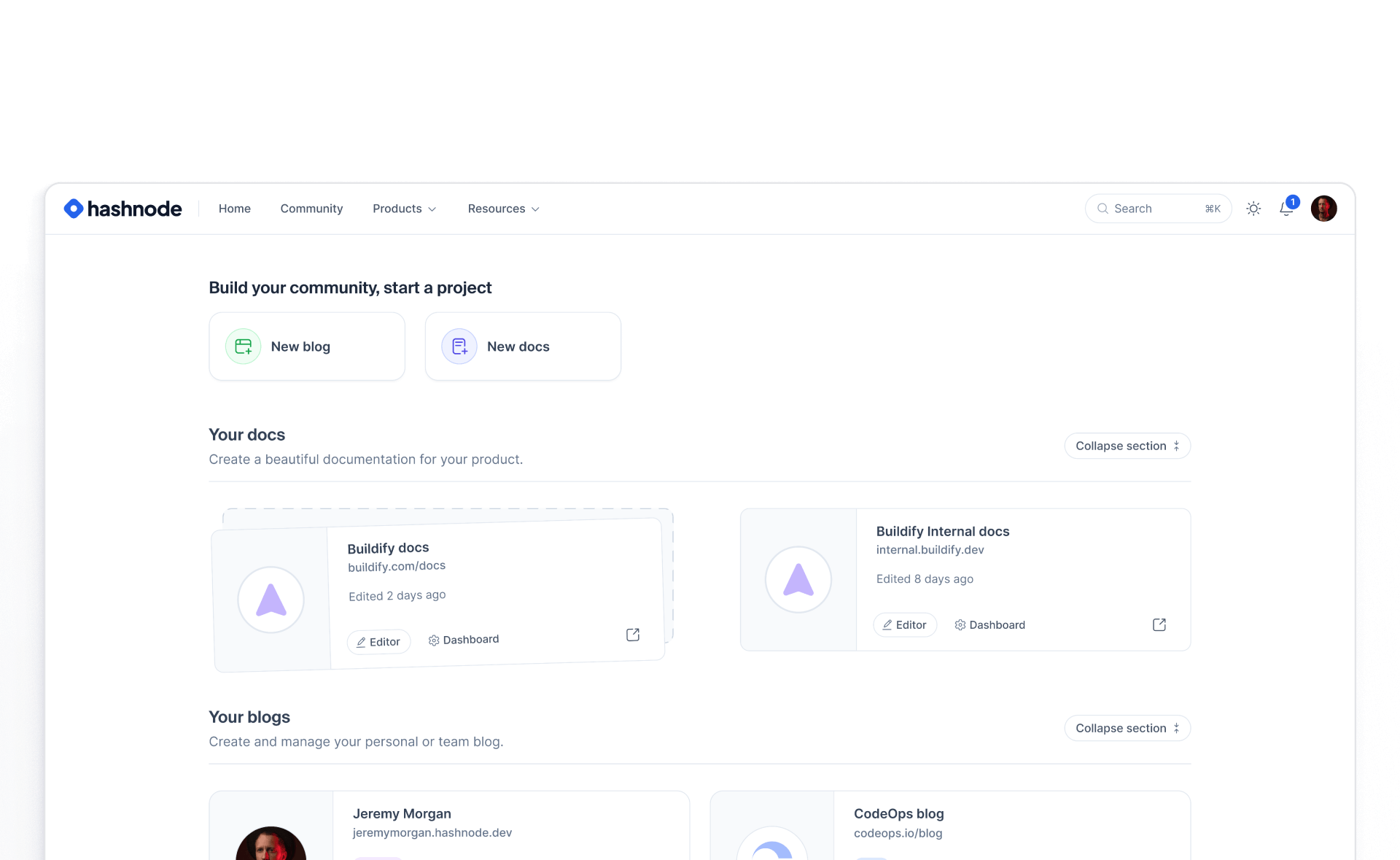 Hashnode blog and docs stacked UI abstraction illustrations