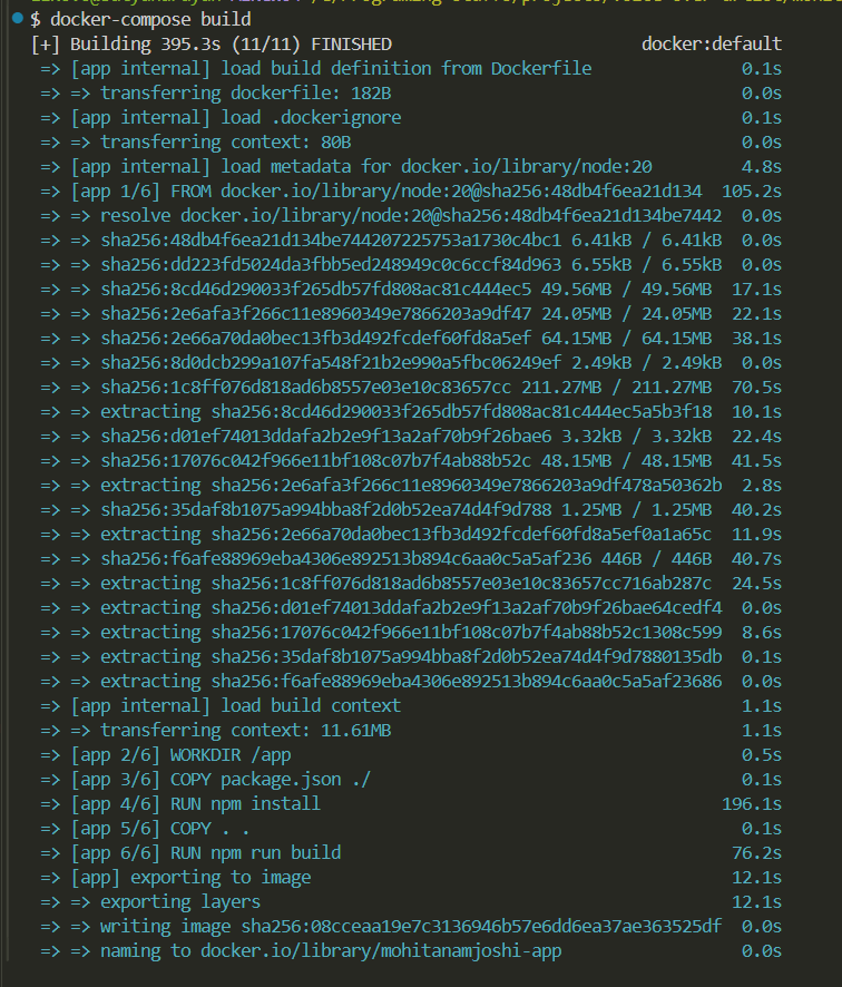 Showing terminal with the docker build process in progress.