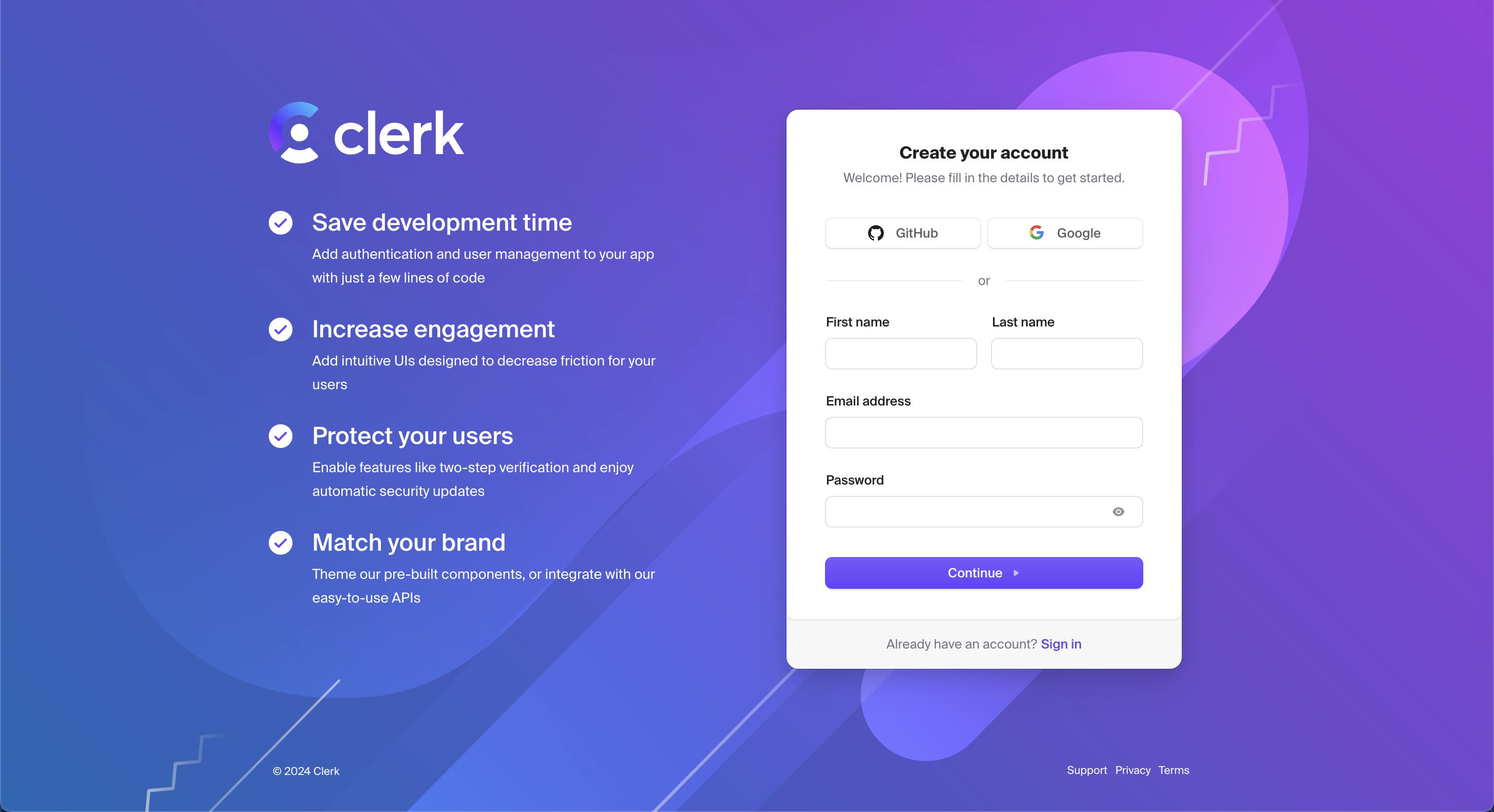 Clerk sign-up page