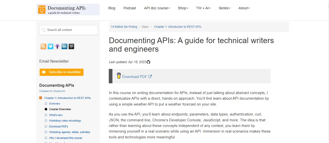 Documenting APIs course page