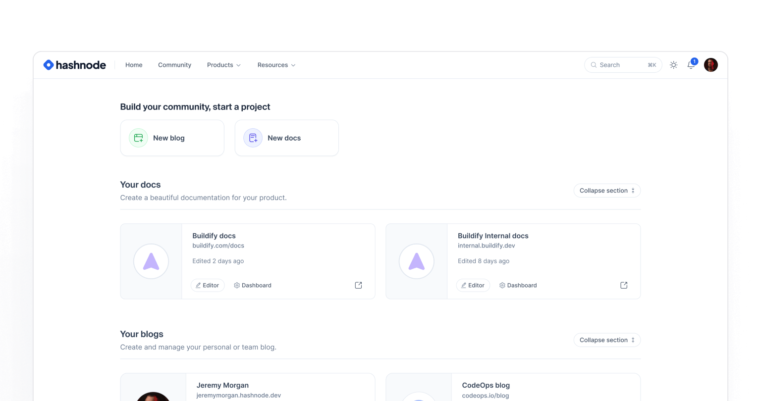 Hashnode blog and docs stacked UI abstraction illustrations