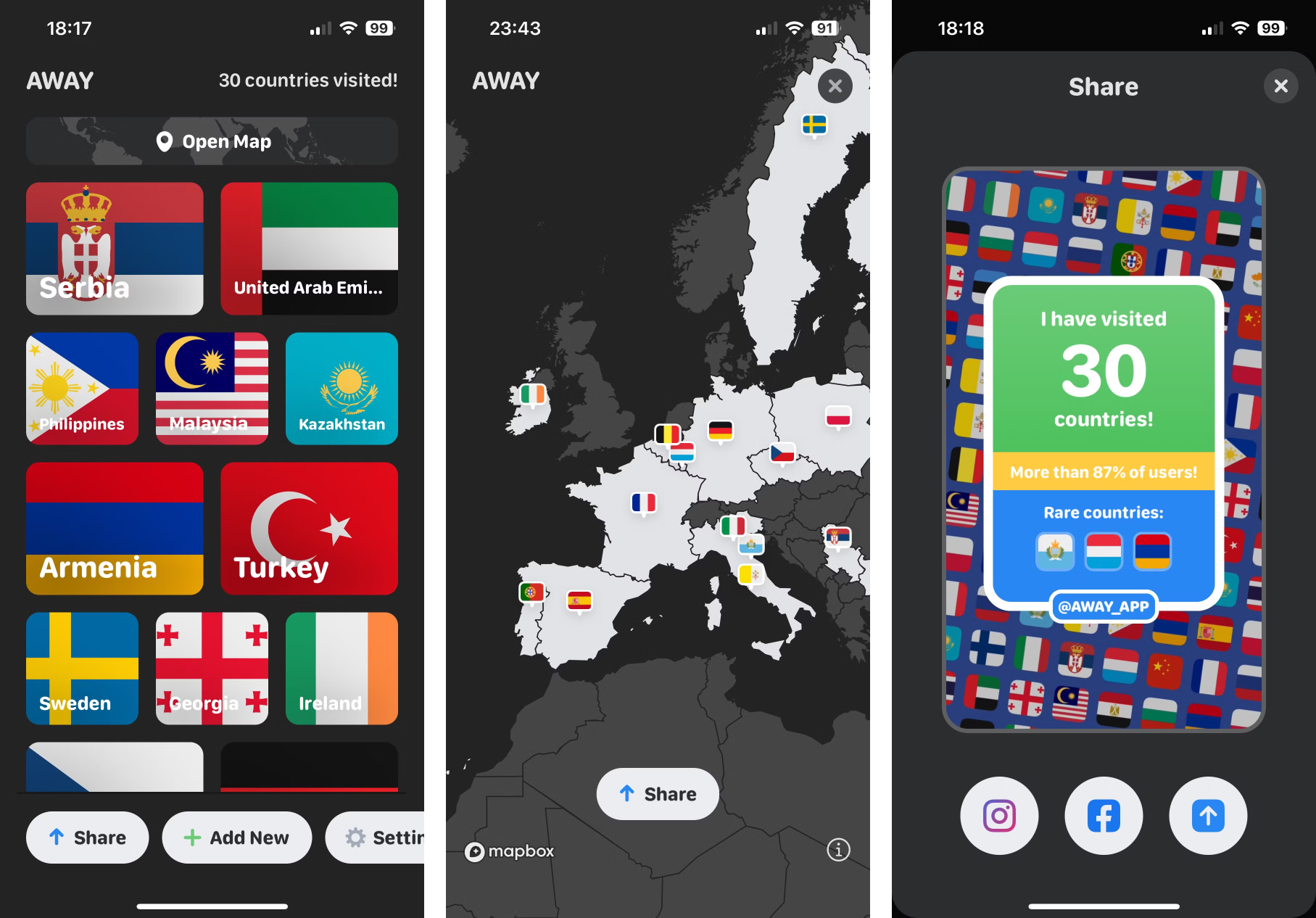 App screens: countries list, map, sharing