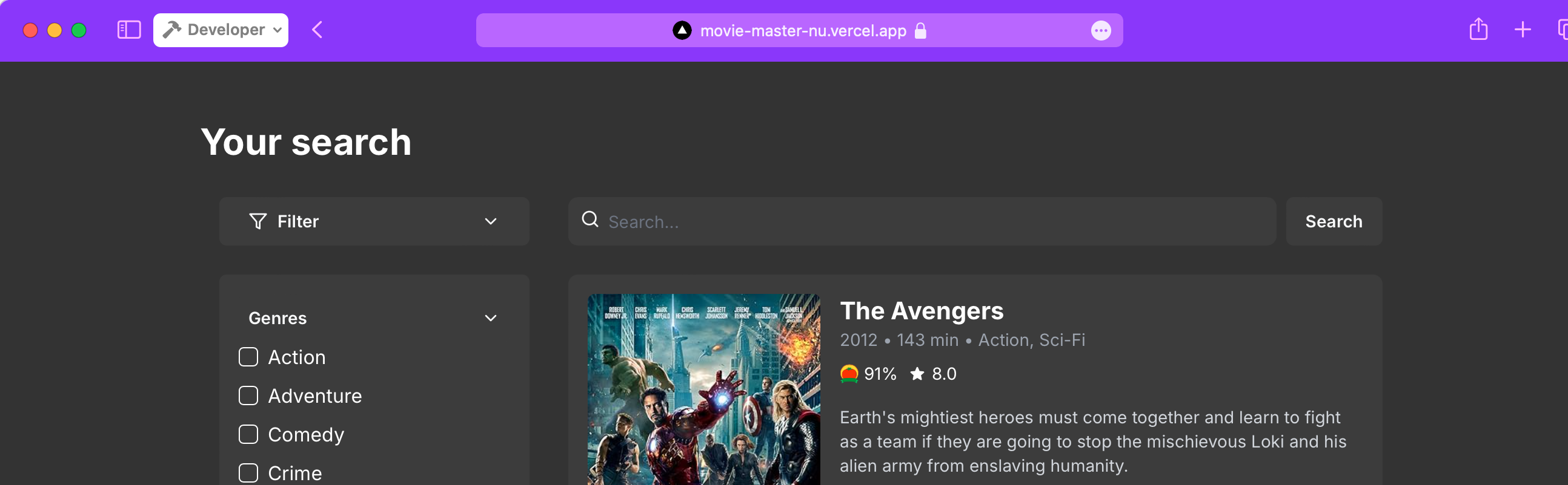 A dark-themed movie search interface displaying "The Avengers" (2012) showing how theme color is applied to the browser's UI