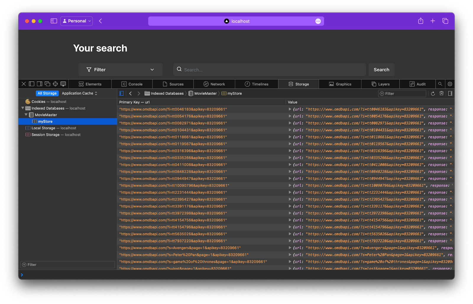 A screenshot showing the structure and data stored in the IndexedDB for the MovieMaster PWA.