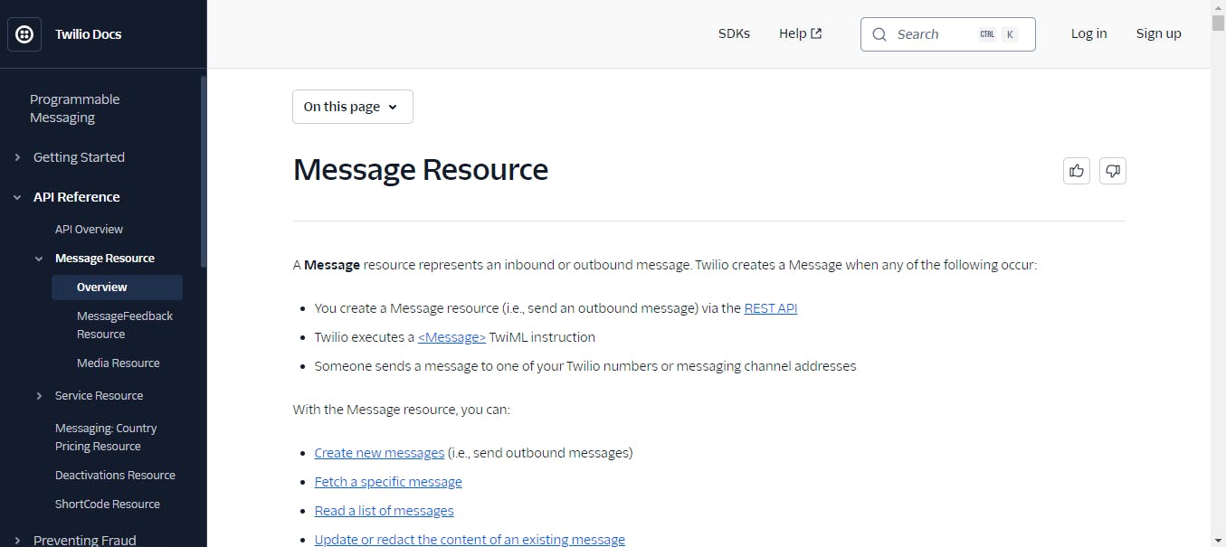 Twilio Message Resource description