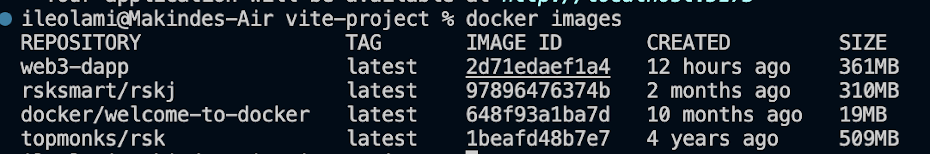 Screenshot of a terminal window displaying the output of the "docker images" command