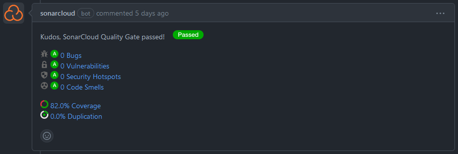 Image showing a SonarCloud result screen with a message saying "Kudos, SonarCloud Quality Gate passed!" marked as "Passed" in green. Details include: 0 Bugs, 0 Vulnerabilities, 0 Security Hotspots, and 0 Code Smells, all marked with an 'A' grade. Additionally, Coverage is 82.0% and Duplication is 0.0%.