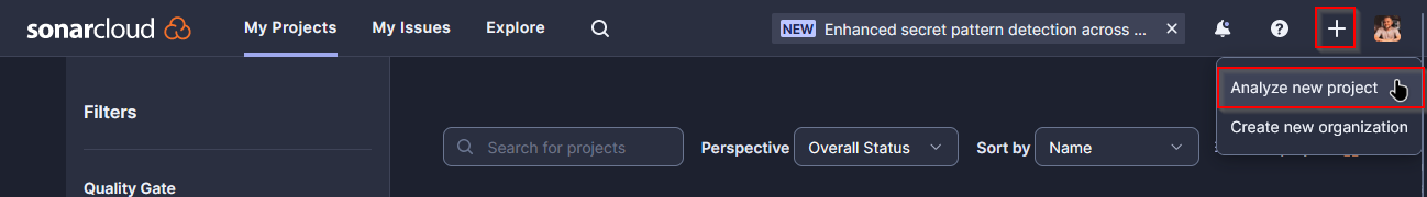 Screenshot of the SonarCloud dashboard with options highlighted. The cursor is over the "Analyze new project" option in a dropdown menu accessed by clicking the plus (+) icon on the top bar.