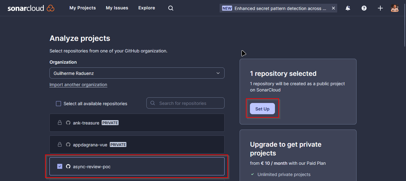 Screenshot of the SonarCloud "Analyze projects" page. The section shows a selection of repositories with one repository chosen and highlighted, ready to set up. There is a "Set Up" button on the right and an option to upgrade for private projects below.