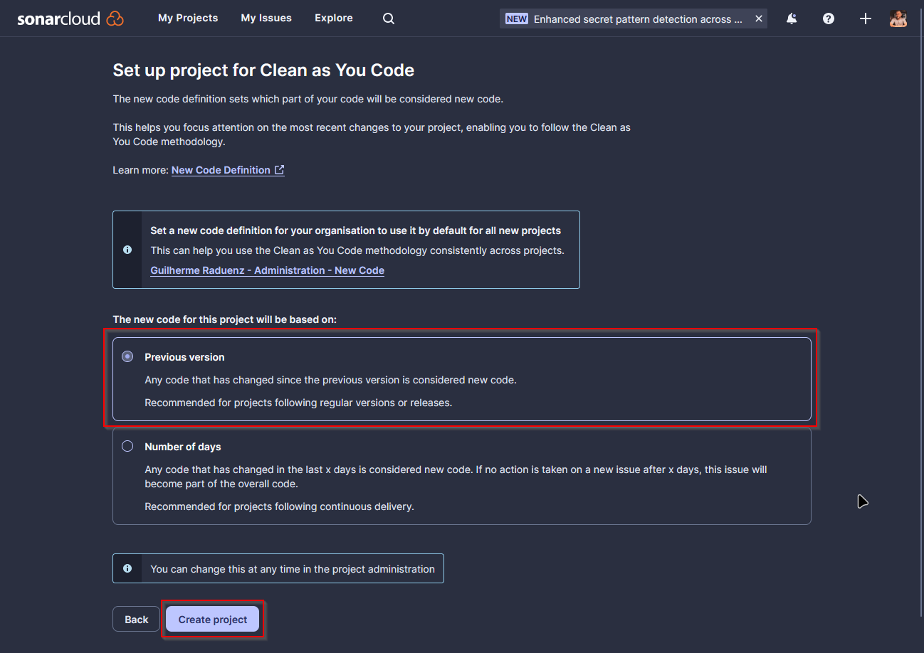 Screenshot of a SonarCloud setup page for a project. The page allows setting up a new code definition. It explains the new code definition strategy and provides two options for defining new code: "Previous version" and "Number of days". The "Previous version" option is selected. There's a button labeled "Create project" at the bottom.