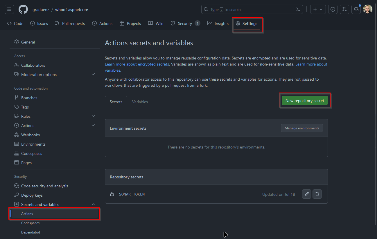 Screenshot of a GitHub repository settings page for "Actions secrets and variables." The "Settings" tab is highlighted at the top, and the "Secrets and variables" option is highlighted in the sidebar under "Actions." There is a green button labeled "New repository secret." Currently, there are no environment secrets, but one repository secret, "SONAR_TOKEN," is listed.