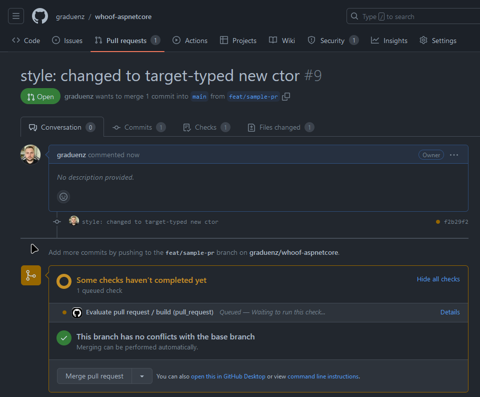 Screenshot of a GitHub pull request titled "style: changed to target-typed new ctor #9," opened by user "graduenz." The pull request indicates that it wants to merge one commit into the main branch from the "feat/sample-pr" branch. There are no comments yet, and a message states, "No description provided." The checks section shows that one check is queued. The branch has no conflicts with the base branch, and merging is allowed. Options to merge the pull request or view details in GitHub Desktop or via command line are visible.