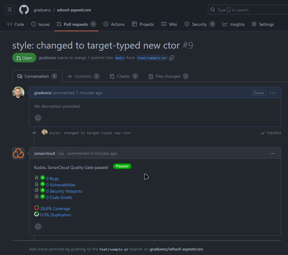 Screenshot of a GitHub pull request page titled "style: changed to target-typed new ctor #9". The pull request is open and requests to merge one commit from "feat/sample-pr" into "main". A user commented 7 minutes ago with "No description provided." There is a bot comment from SonarCloud indicating "SonarCloud Quality Gate passed!" with details showing 0 bugs, 0 vulnerabilities, 0 security hotspots, 0 code smells, 28.6% coverage, and 0.0% duplication.