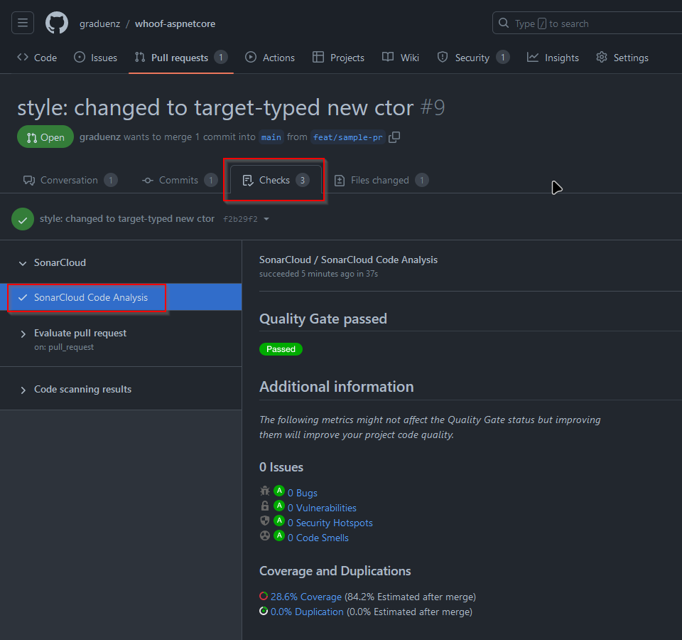 Screenshot of a pull request titled "style: changed to target-typed new ctor #9" on GitHub. The "Checks" tab is highlighted, showing "SonarCloud Code Analysis" passed with 0 bugs, 0 vulnerabilities, 0 security hotspots, and 0 code smells. Quality Gate is passed, with 28.6% coverage and 0.0% duplication.