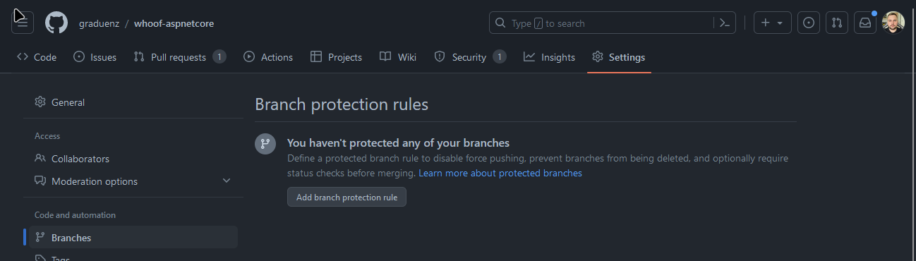 Screenshot of a GitHub repository settings page for managing branch protection rules. The page indicates that no branches are currently protected and provides an option to add a branch protection rule. Various repository management options are visible on the left sidebar.