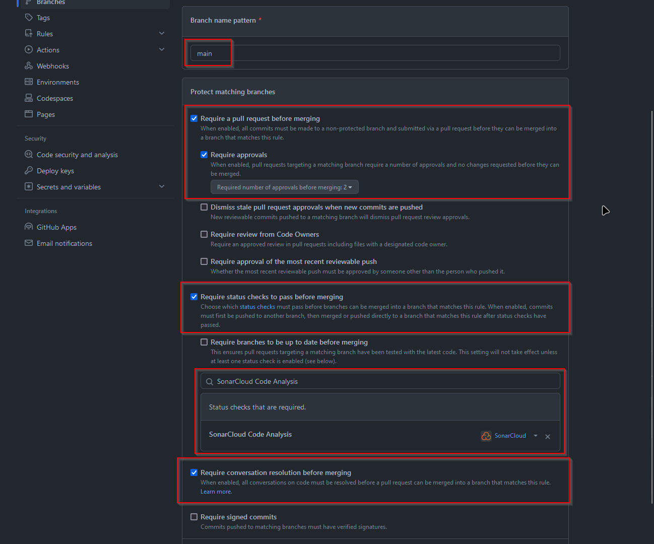 Screenshot of a GitHub branch protection rules configuration page. The Branch name pattern is set to "main." Four rules are highlighted: "Require a pull request before merging," "Require approvals," "Require status checks to pass before merging," and "Require conversation resolution before merging." The status check specified is "SonarCloud Code Analysis." Various checkboxes and dropdowns are visible for additional configuration options.