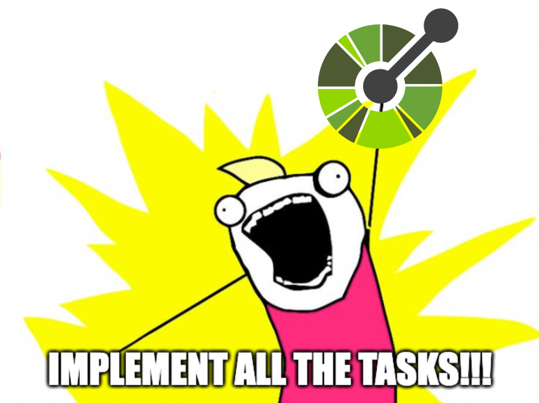 Meme generated based on Allie Brosh's "DO ALL THE THINGS!" image from Hyperbole and a Half, captioned "IMPLEMENT ALL THE TASKS!!!" with the figure holding the OpenAPI logo in her upraised hand