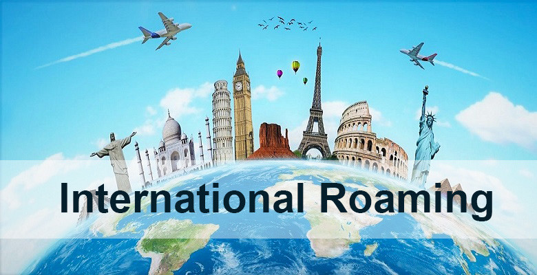 Illustration of famous international landmarks, including the Eiffel Tower, Statue of Liberty, and Big Ben, with planes flying overhead. The text "International Roaming" is displayed prominently in the center.