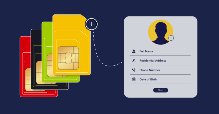 Graphic showing a stack of SIM cards in various colors on the left, connected by a dotted line to a user profile form on the right. The form includes fields for full name, residential address, phone number, and date of birth, with a "Next" button at the bottom.