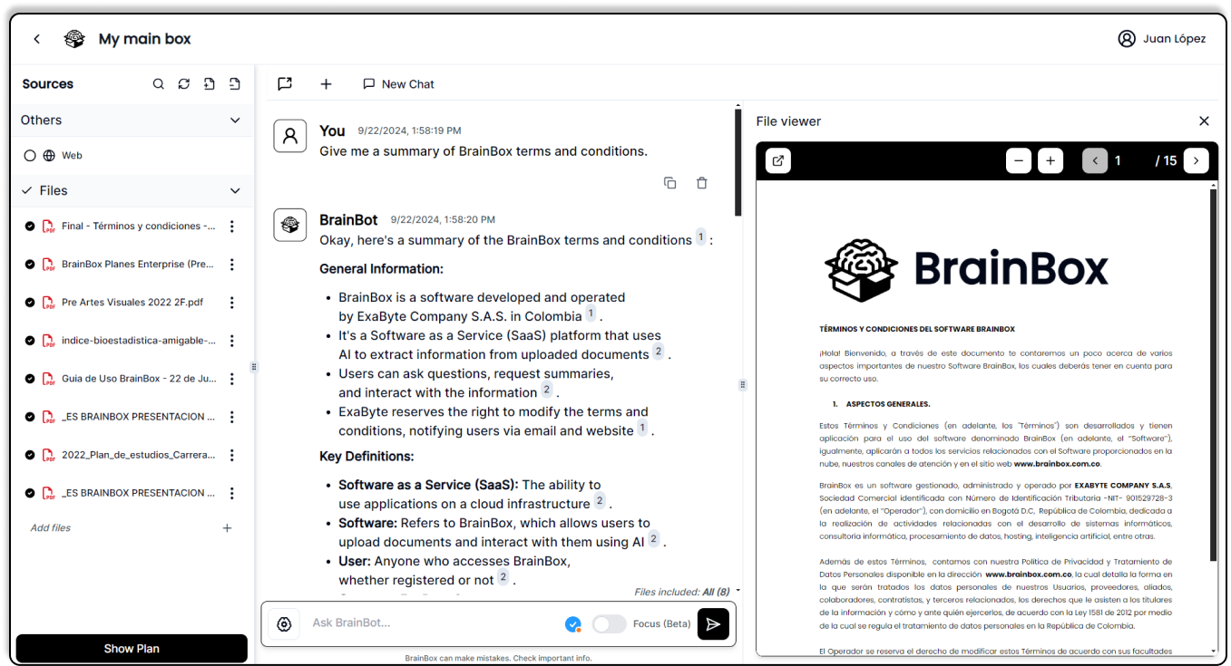 The image shows a user interface for a document management platform called BrainBox. The interface has a left sidebar labeled "Sources," with a list of files under the "Files" section, including PDFs like "Final - Términos y condiciones" and "BrainBox Planes Enterprise." There is also a chat window in the center where the user has asked BrainBox for a summary of the terms and conditions, and BrainBox has provided a response summarizing general information and key definitions about BrainBox, such as its status as a Software as a Service (SaaS) platform developed by ExaByte Company S.A.S. On the right, a file viewer displays the first page of a PDF document titled "TÉRMINOS Y CONDICIONES DEL SOFTWARE BRAINBOX," with an introduction explaining aspects of the BrainBox software.