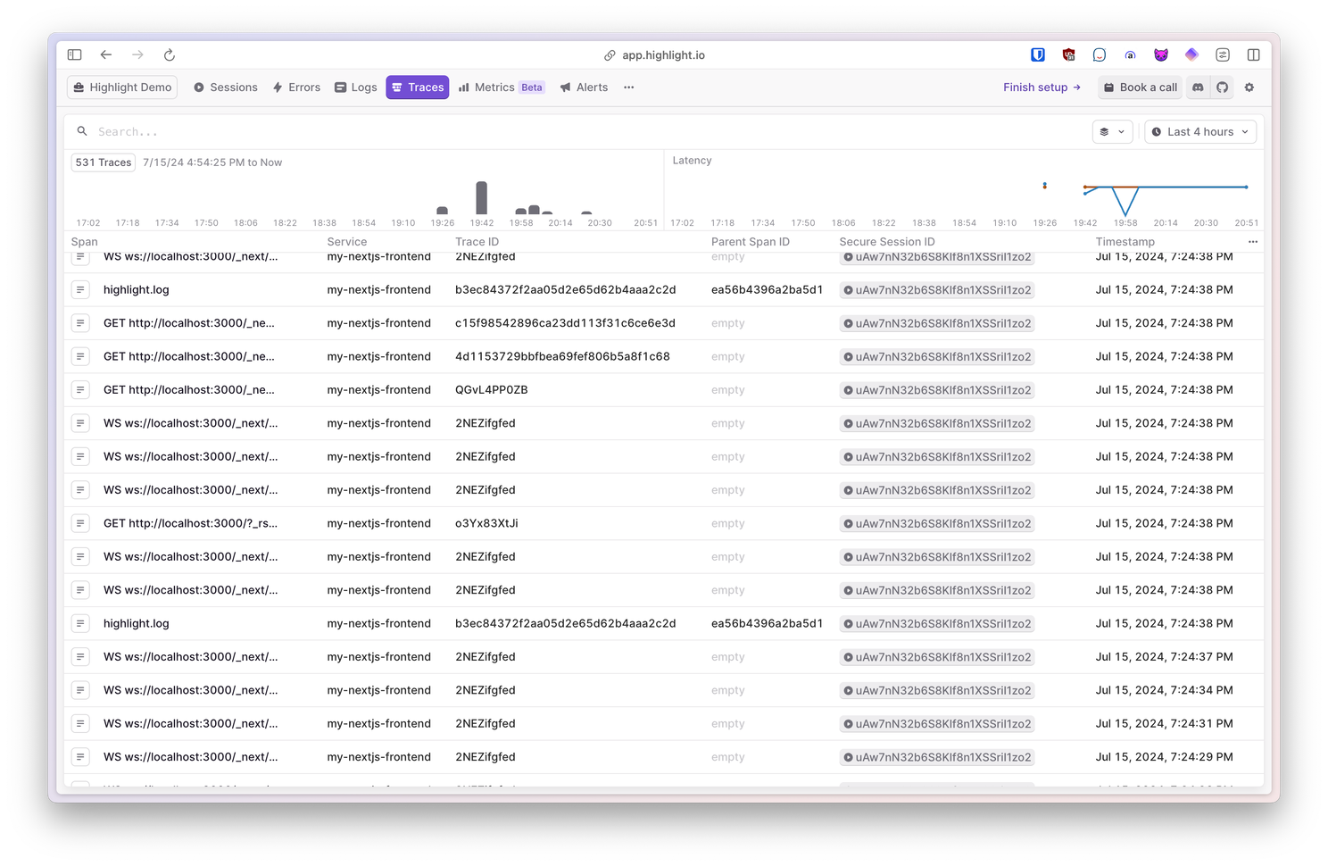 Highlight.io traces tab