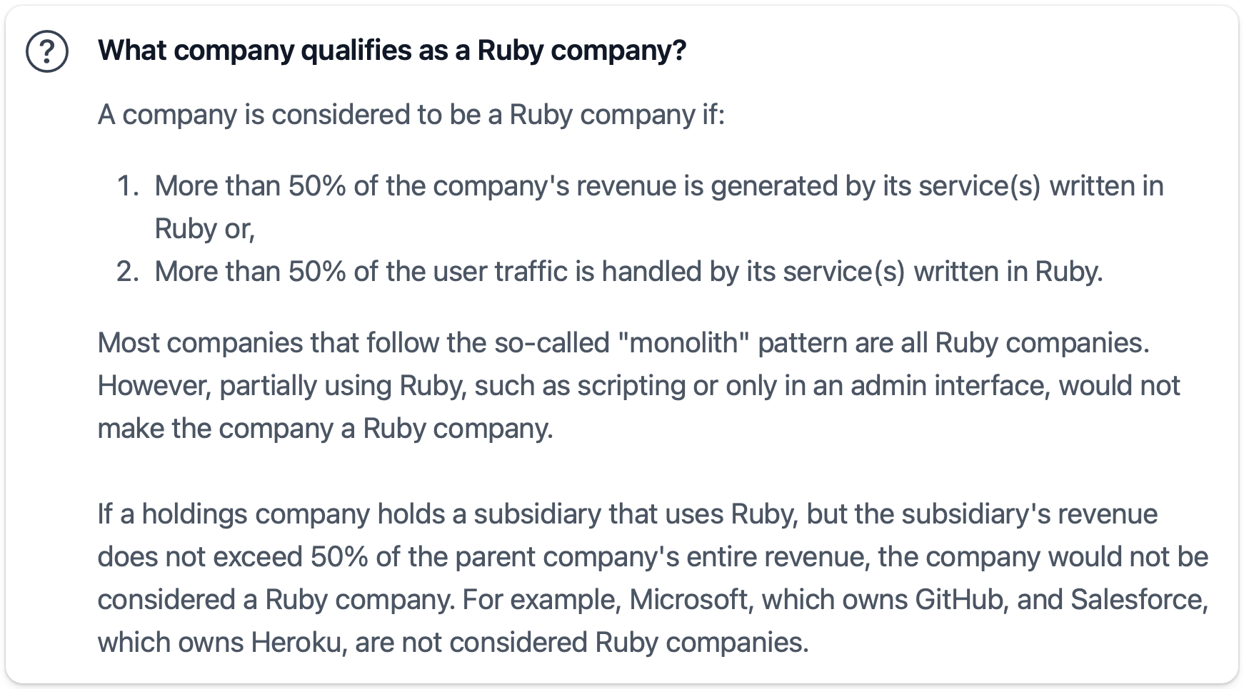 Screenshot of the section https://toprubycompanies.info/faq