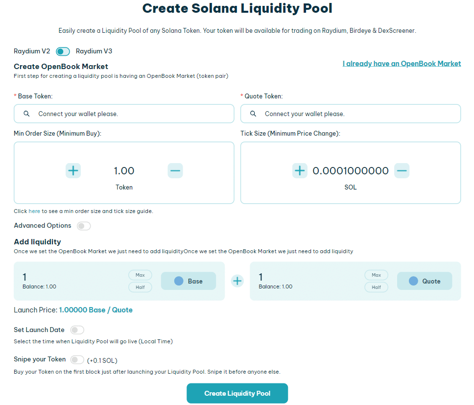 Create Solana Liquidity Pool tool