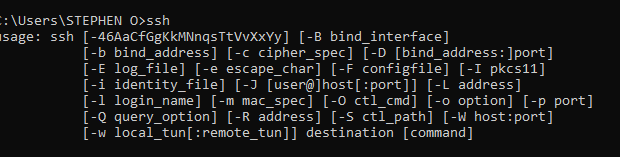 ssh cli command result, in this case a positive one that ssh is installed on the system