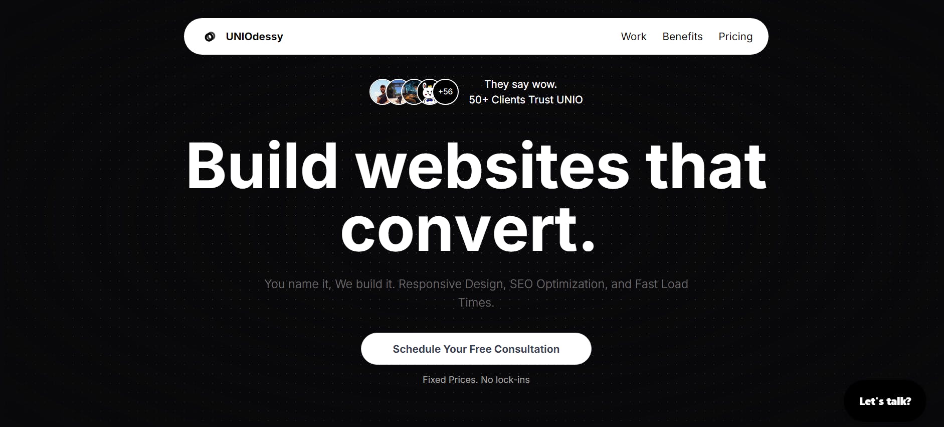 Image of a website homepage with the company name "UNIOdessey" at the top. The main headline reads "Build websites that convert." There is text below encouraging scheduling a free consultation. The design is dark-themed with white text and a dotted background pattern.