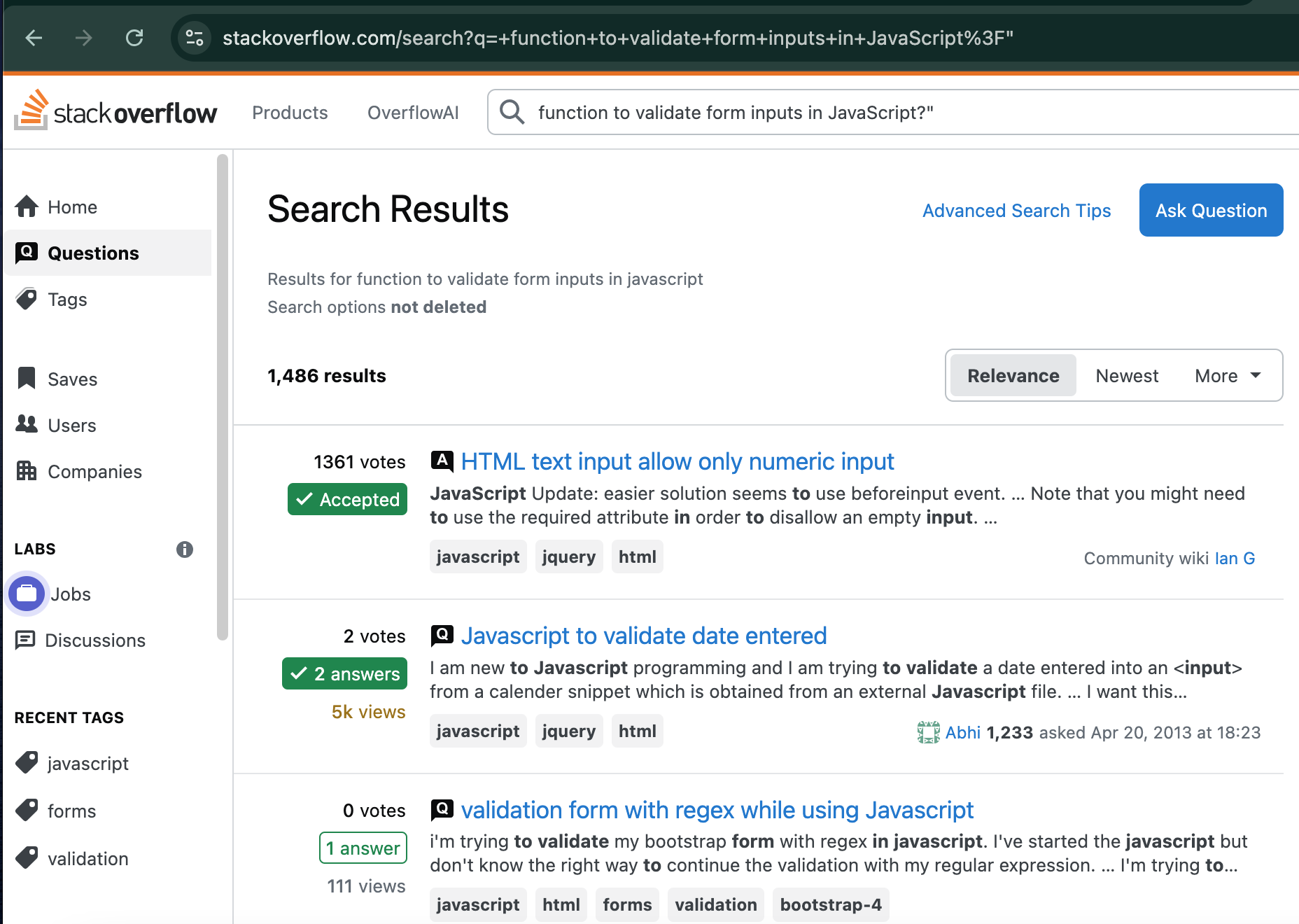 StackOverflow search results example