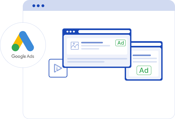 An illustration showing the Google Ads logo with a representation of search engine marketing (SEM) ads on multiple screens. The graphic depicts how ads are displayed in different formats within a browser window. 