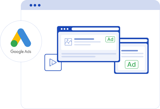 An illustration showing the Google Ads logo with a representation of search engine marketing (SEM) ads on multiple screens. The graphic depicts how ads are displayed in different formats within a browser window. 