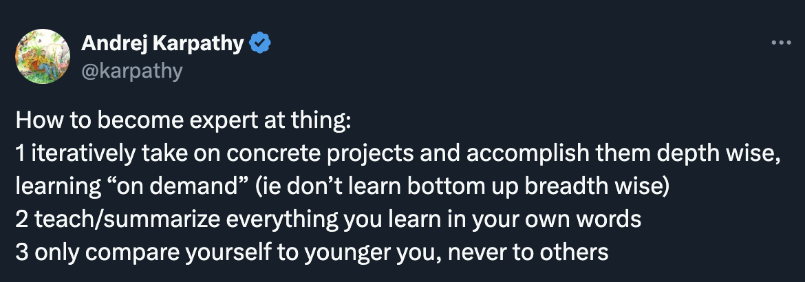 Karpathy's message on how to become an expert at a thing