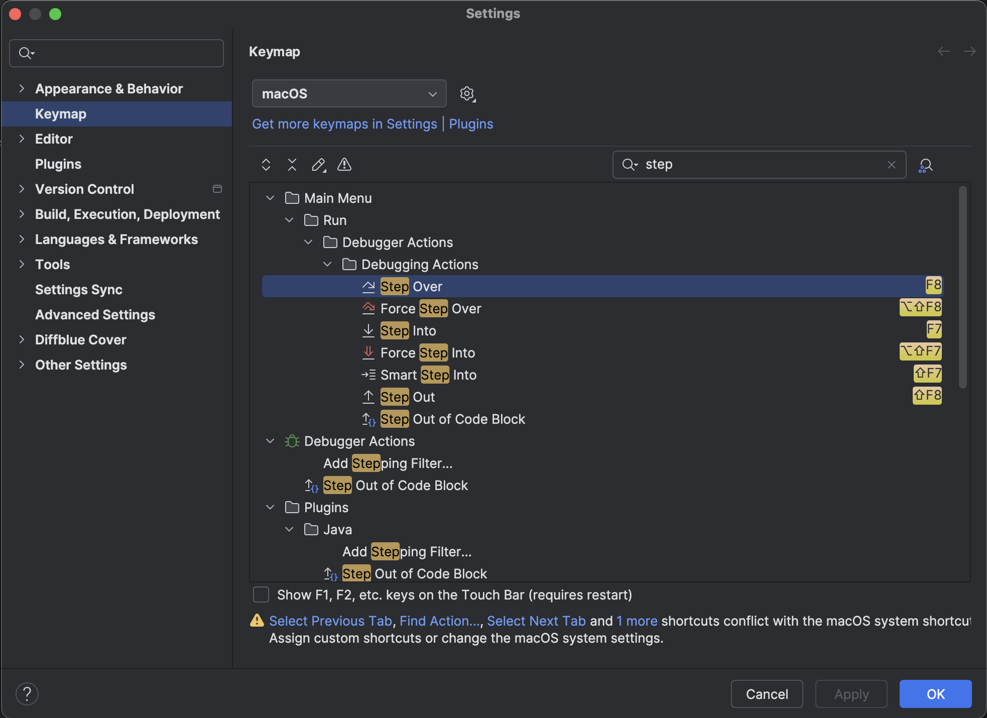 Screenshot of keymap settings in an IDE. The "macOS" keymap is selected. Various debugging action shortcuts are listed, such as "Step Over" (F8), "Step Into" (F7), "Step Out" (Shift + F8), and more. The search query "step" is entered in the search bar. The menu on the left includes sections for Appearance & Behavior, Editor, Plugins, Version Control, Build, Execution, Deployment, Languages & Frameworks, Tools, Settings Sync, Advanced Settings, Diffblue Cover, and Other Settings. The "OK" and "Cancel" buttons are at the bottom right.