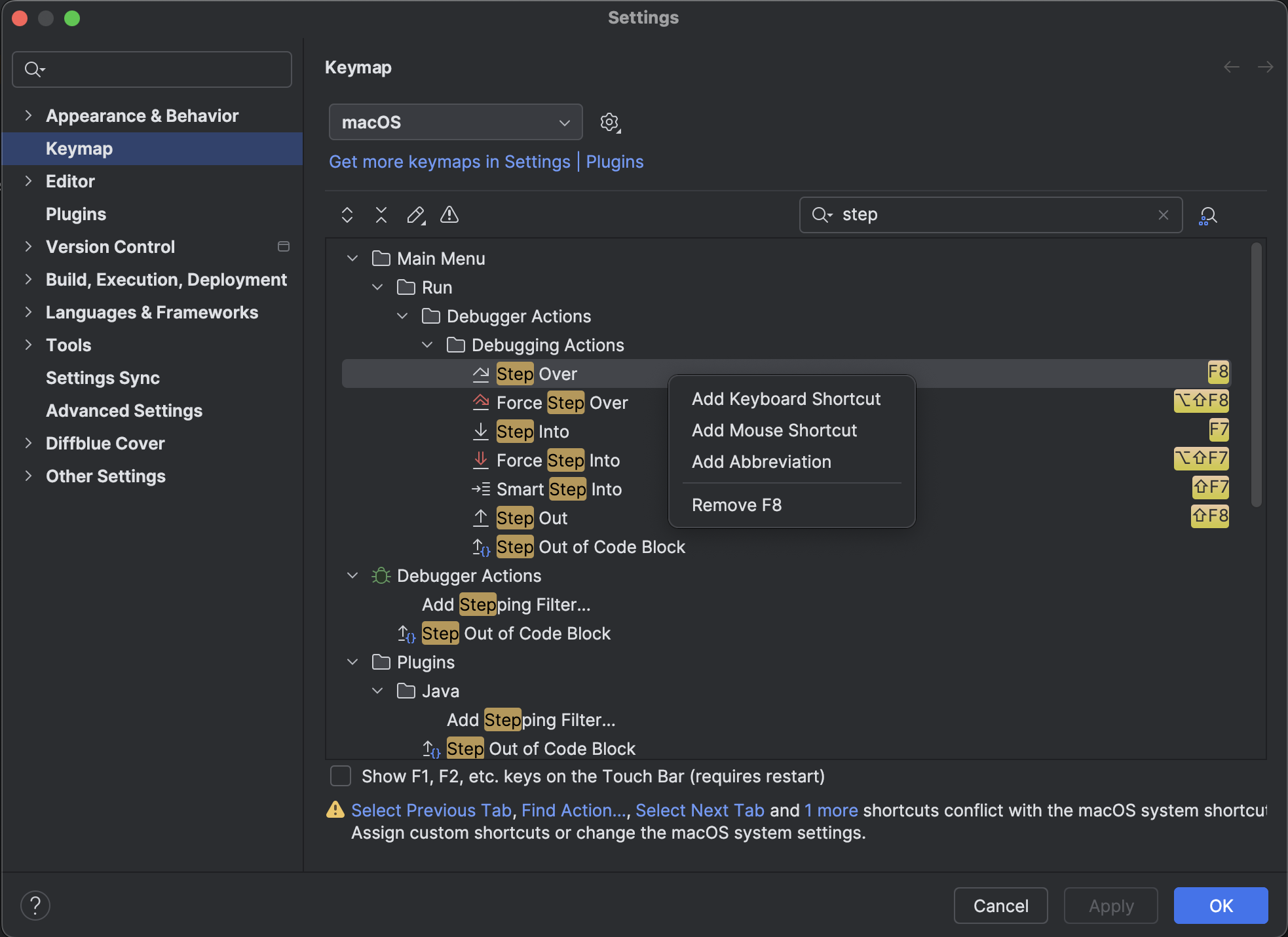 Screenshot of the keymap settings in an Integrated Development Environment (IDE) focusing on the "Step" commands under "Debugging Actions." A context menu for "Step Over" shows options to add a keyboard shortcut, mouse shortcut, abbreviation, or remove the current F8 shortcut.