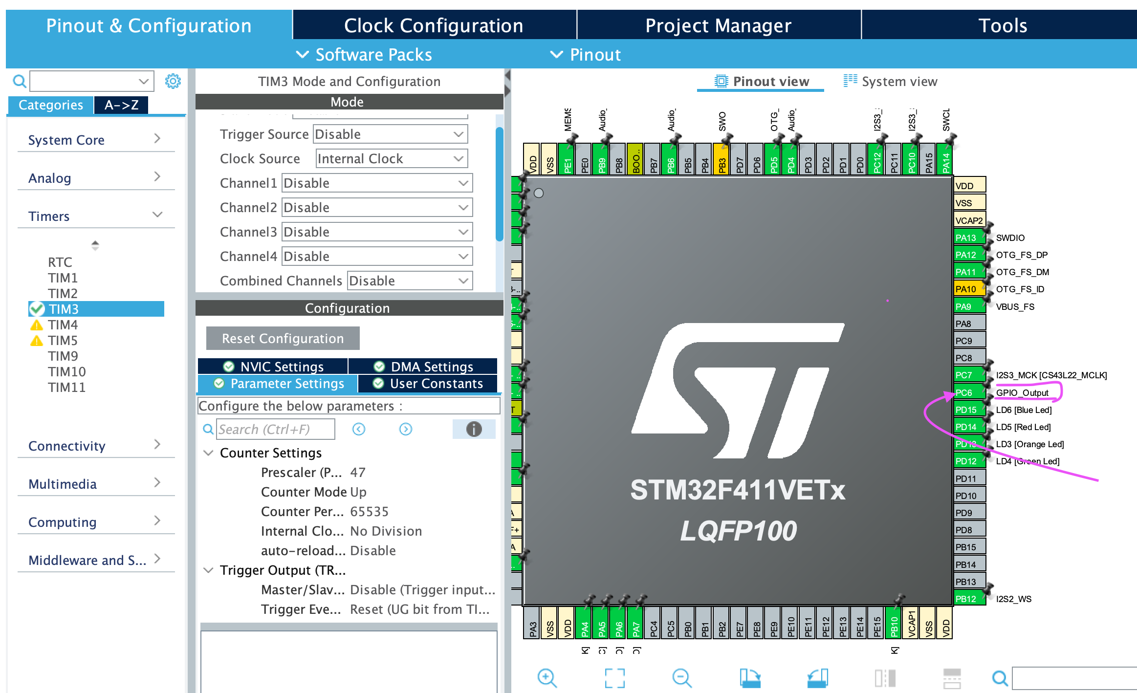 Select GPIO (PC5) as LED Output mode