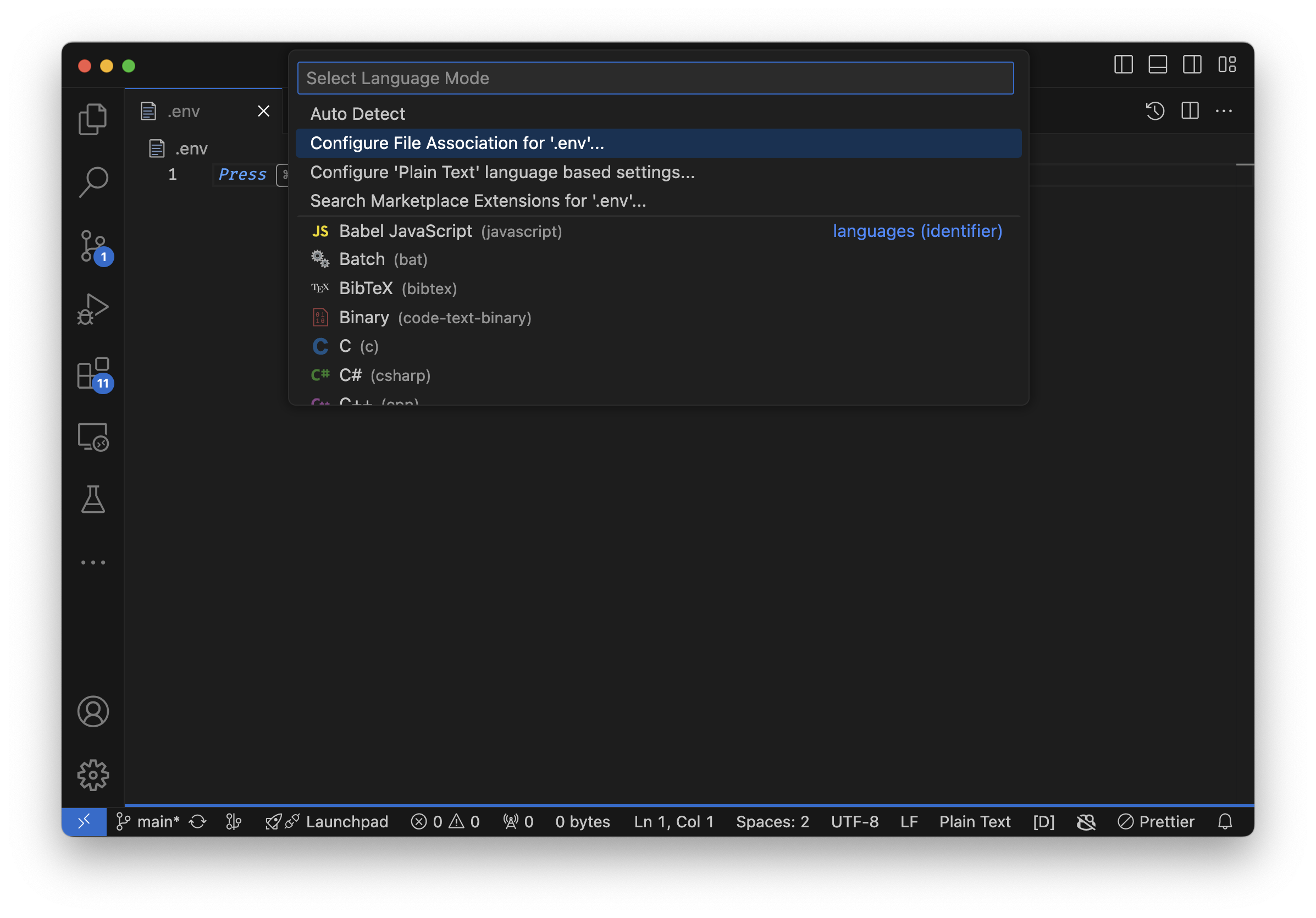 Select Configure File Association for '.env'