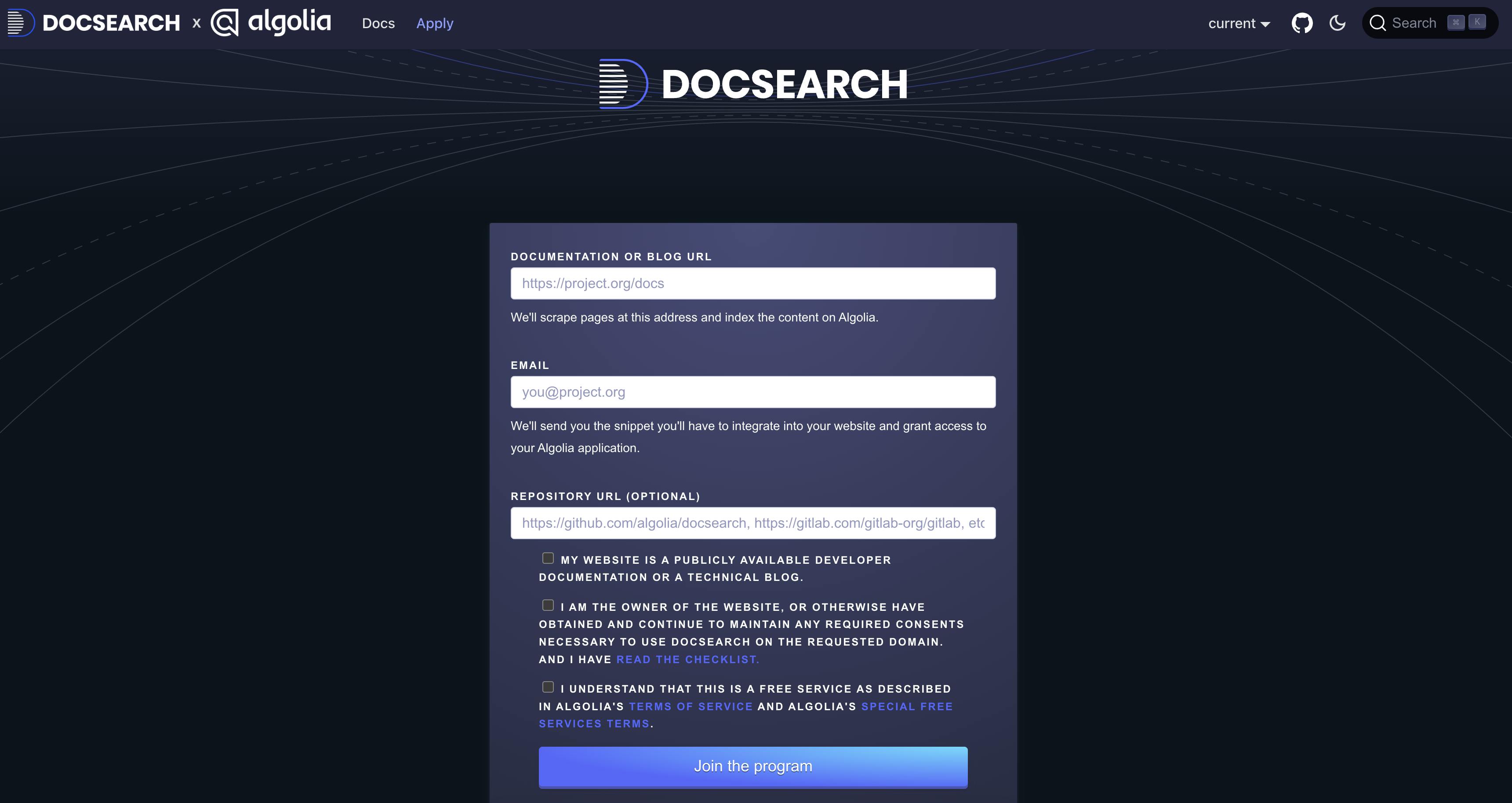 đăng ký algolia docsearch program