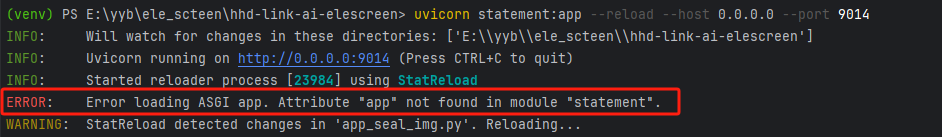Error loading ASGI app. Attribute "app" not found in module "statement".