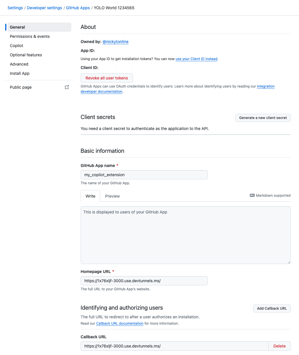 A new GitHub app's settings page