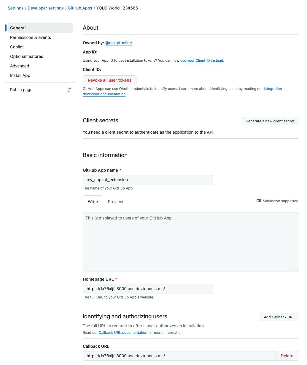 A new GitHub app's settings page