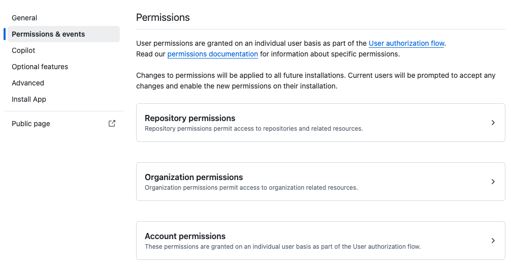 Permissions settings for a GitHub app